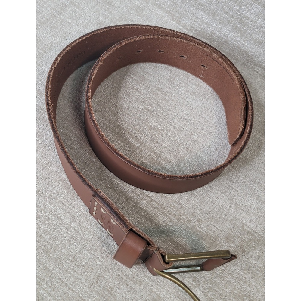 Timberland Mens Size 32 Brown Genuine Leather Belt Contrast Stitch Brass Buckle - Picture 9 of 9